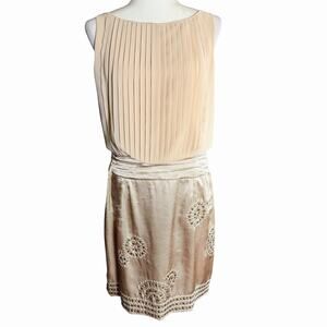 Vince Camaro Sleeveless Shift Dress Embroidered Pleats Beige 10 Wedding Guest